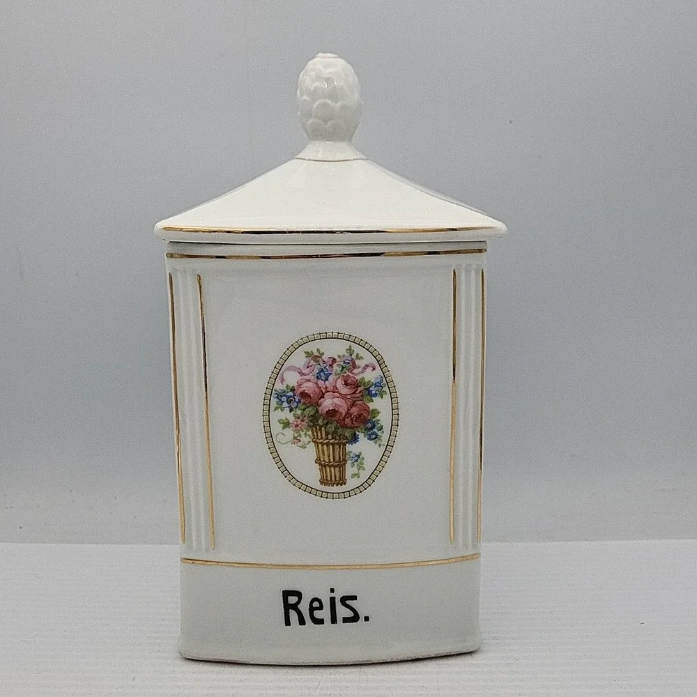 Ceramic Reis Rice Canister Made In Czechoslovakia Numbered Vintage Floral White